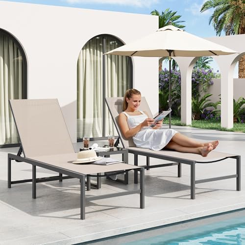 Image of Amopatio Patio Lounge Chair Outdoor Chaise Lounge Set of 2 for Pool | with Side Table Weather Resistant 5-Position Adjustable Backrest Heavy Duty Steel Frame 400 LBS Capacity;Khaki