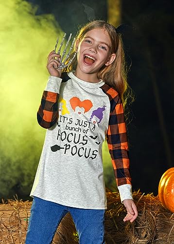 Image of BesserBay Girls Halloween Funny Plaid Graphic Shirt Long Sleeve Spooky Patchwork Raglan Top 5-14 Years