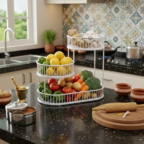 Image of 3 Tier Fruit Basket Bowl for Kitchen | Countertop Metal Wire Kitchen Storage Basket for Fruits, Vegetables and Snacks - White