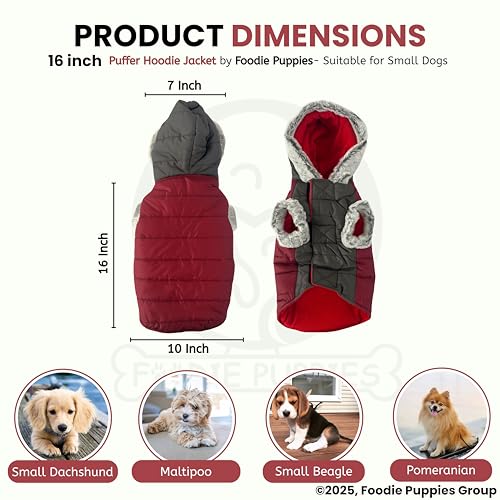 Image of Foodie Puppies Dog Puffer Hoodie Warm Winter Jacket - (Maroon Grey, 16 Inch) for Small Dogs | Ultra Warm Waterproof & Windproof Fur Coat | Washable Pet Vest Apparel for Cold Weather