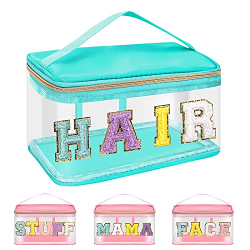 Iqimott Preppy Clear Makeup Cosmetic Bag For Women Travel, Nylon Pvc Chenille Glitter Letter Toiletry Storage Tote Bag, Transparent Waterproof Organizer Zipper Pouch With Handle(Hair, Green) #TOP8