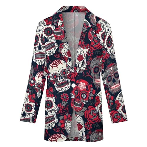 Day of The Dead Colorful Sugar Skull Blazers for Women Fashion Business Casual Office,Elegant Jacket Coat with Pockets4