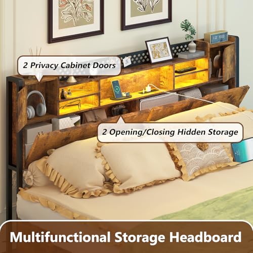 CSZZD King Size Bed Frame with Storage Drawers and Bookcase Headboard, Wooden Platform King Bed with LED Lights and Charging Station, Hidden Storage, No Box Spring Needed/Noise Free, Vintage Brown - Thumbnail 5