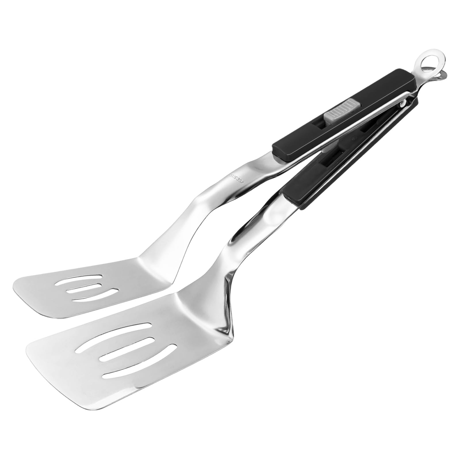 M METERXITY Spatula Tongs, 11.4 Inch 304 Stainless Steel Anti-Scald Multifunctional Flipper Grill Clamp for Cooking/Barbecue, Kitchen Cooking Tongs [Black Handle, Silver Tone]