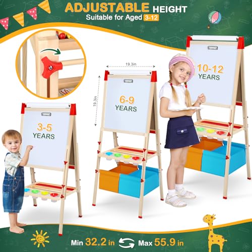 Easel for Kids,3 in 1 Adjustable Kids Art Drawing Easel Set,130+ Art Supplies,Wooden Double Sided Magnetic Chalkboard and White Board with Paper Roll,Painting for Aged 2-4,5-7,8-12 - Image 4