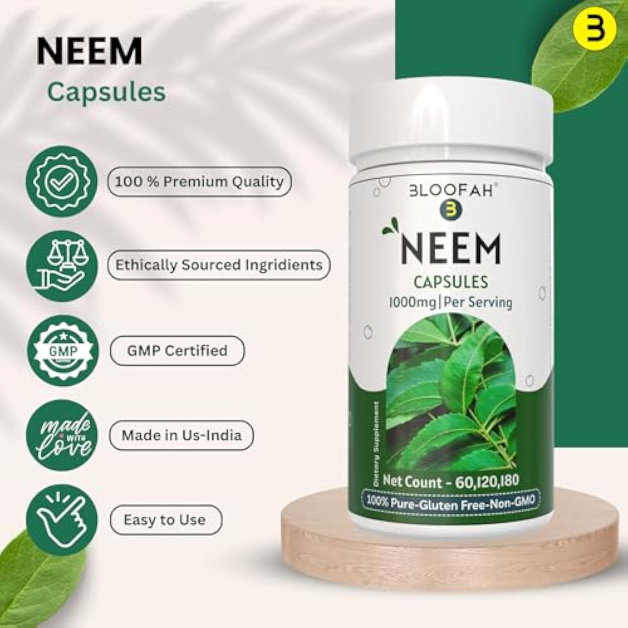 Neem Leaf Capsules, 1000mg for Natural Health