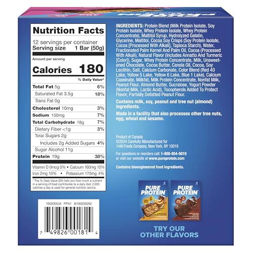 Pure Protein Brookie Protein Bars – 20g Protein, 3g Sugar, 190 Calories (12 count) Low Sugar* High Protein Snack - Gluten Free - Perfect for a Healthy Snack