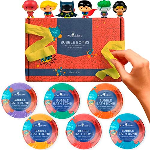 Two Sisters Bubble Bath Bombs Superhero Surprise Set for Kids | Super Hero Toys Inside | 6-Pack Set in a Gift Box | Safe for Sensitive Skin | Fizzy and Bubbly Bath Balls for Boys & Girls