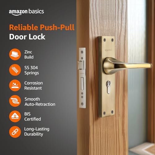 Image of Amazon Basics Heavy-Duty Door Lock Set | Mortise Door Lock Handlesets with 3 Brass Key for Home,Office,Hotel | Brass Lock Body & Cylinder | Golden