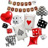 Juego de decoraciones de fiesta temática de casino de 13 piezas, pancarta de cumpleaños de noche de póquer con globos de corazón de palas, tarjetas de dados para eventos de Las Vegas