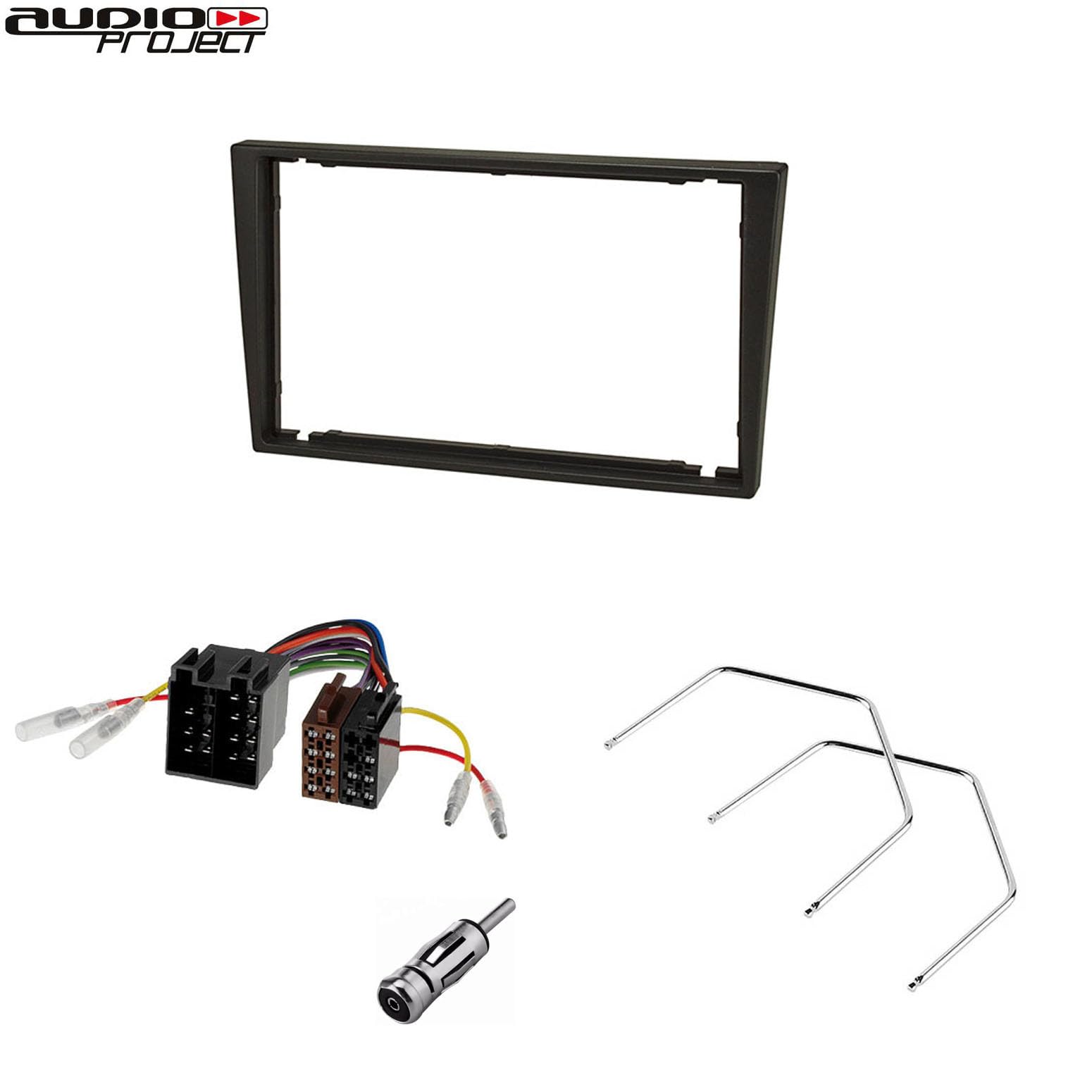 Audioproject A386-10 - Set di mascherina autoradio 2 DIN compatibile per Opel Agila Astra Corsa C Combo Omega Vectra Meriva Vivaro Zafira Suzuki Ignis radio adattatore antenna sblocco nero