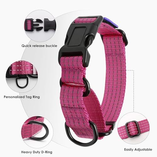Image of Martingale Dog Collar Reflective with USA Flag Patch, M,Hot Pink | Escape Proof without choking,Adjustable Limited Slip Collar with Quick Release Buckle, Nylon Walking Collar for S M L Dogs
