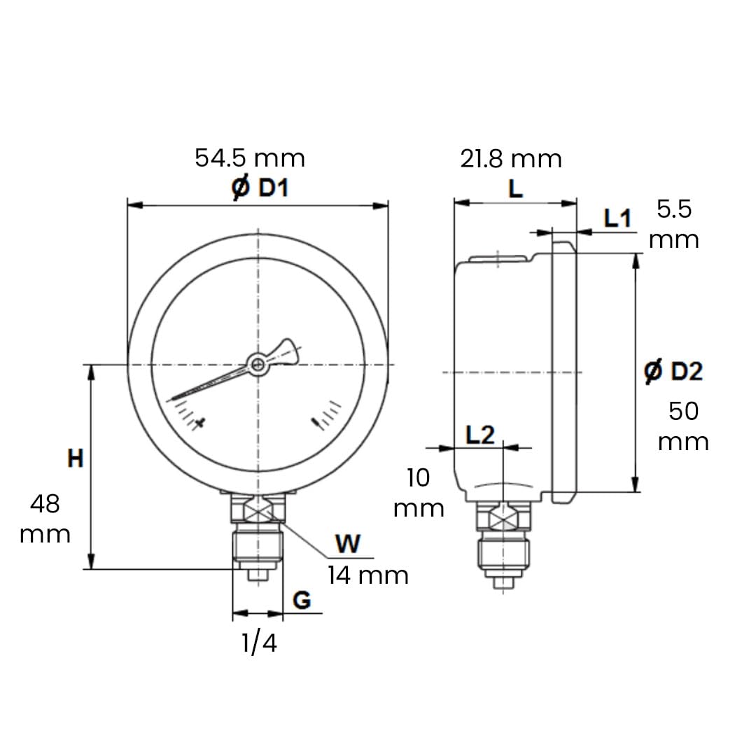 Syveco 1612002 Série 1612 Indicateur de pression de boîtier en acier inoxydable, salle de bain, radial, 1/4" BSP, diamètre 50 mm, 0/1.6 bar