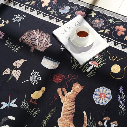 Round Rug 4ft Washable Circle Rug Non Slip Low Pile Boho Floral Animal Cat Small Circular Rug for Bedroom Bathroom Entryway Kids Room Office College Dorm, Black