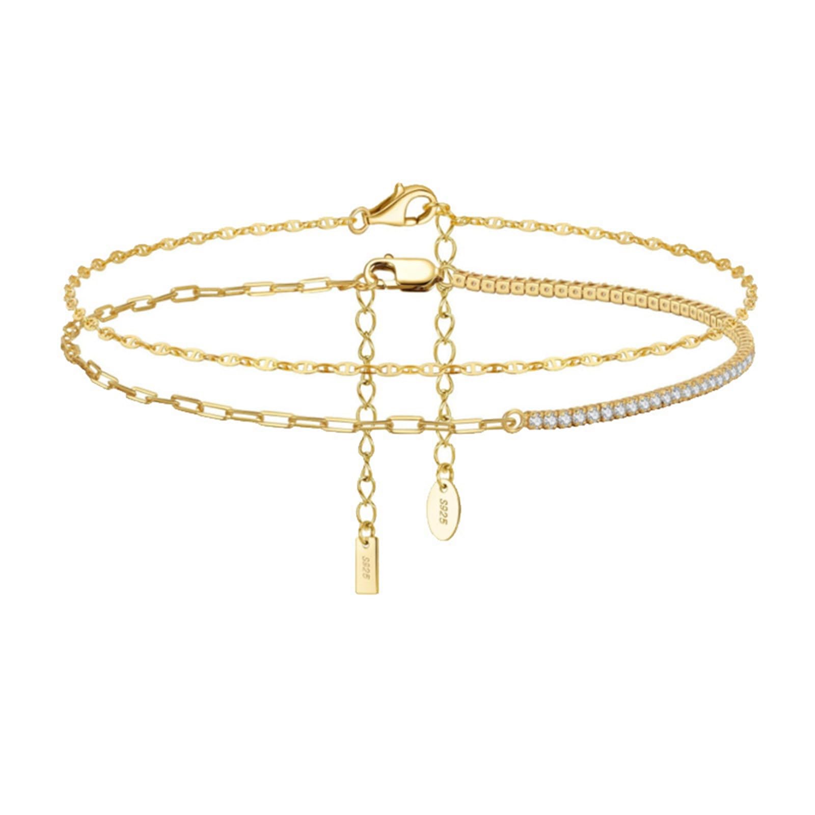 Cavigliera Donna Argento 925, Cavigliera Donna Estiva Catena A Doppio Strati Geometrico e Zirconi, Bracciali alla Caviglia da Spiaggia Piede Catena Cavigliere Regolabili per Donne