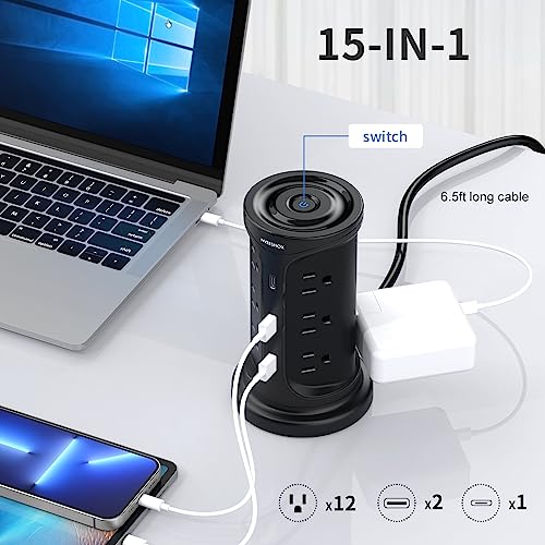 Extension Cord with Multiple Outlets Surge Protector Tower Power Strip with Surge Protection, Screw Wall Mount Outlet with 12 Ac Outlets with 3 USB Ports(1 USB C),6.5 Ft, Overload Protect for Office