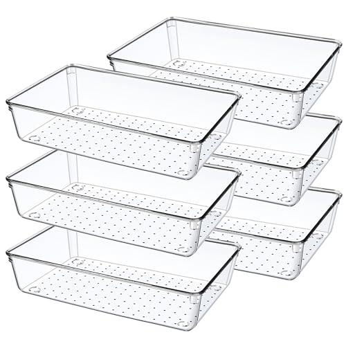 Giklux 6 Pcs Clear Kitchen Drawer Organiser Trays, Acrylic Desk Drawer Dividers Organisers for Cutlery, Kitchen, Cosmetics, Makeup, Utensils, Vanity, Office, Stationery, Plastic Draw Storage Organiser