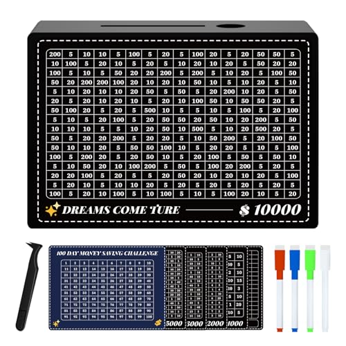 Money Saving Box, $10000 Savings Challenge Box with 8 Saving Targets, Cash Vault Wooden Savings Box, Unbreakable Piggy Banks for Adults, Easter Money Jar Coin Bank, Black