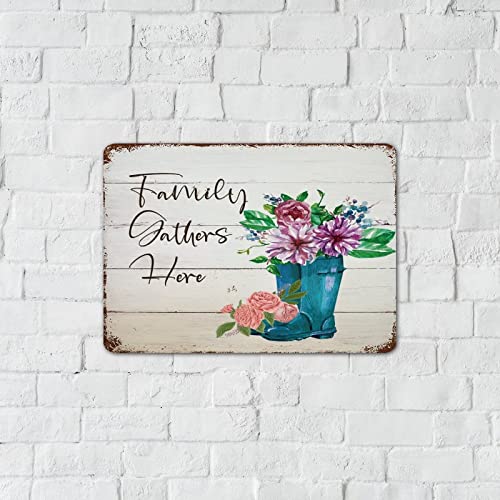 Family Gathers Here Watercolor Floral In Mason Jar Decorative Metal Tin Sign Funny Novelty House Signs Abstract Flower Painting Wall Decor Aluminum Metal Sign For Indoor Bedroom Front Door 10X14 #TOP4