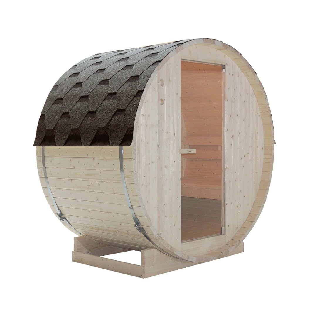 SANOTECHNIK Outdoor Fasssauna TROMSÖ M für 2 Personen, Gartensauna aus Fichtenholz mit 3,6 kW Elektroofen, Saunasteine & Zubehör, Asphaltdach, 189 x 120 x 191,5 cm