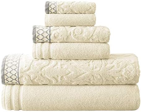 Modern Threads 6-Piece Damask Jacquard/Solid Ultra Soft 550GSM 100% Combed Cotton Towel Set with Embellished Borders [Ivory]
