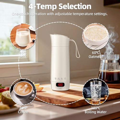 Kssvzz Elektrischer Reisewasserkocher Klein 400ml, Mini Wasserkocher mit 4 Temperatureinstellung, Tragbarer Reise Wasserkocher - 304 Stainless Steel Liner, Automatische Abschaltung