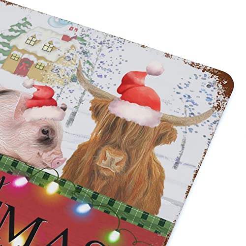 Letrero de aluminio Merry Christmas Farm con diseño de animales felices y acabado rústico 7