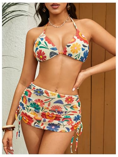 Image of RoseSeek Women's 4 Piece Polka Dots Bathing Suits Cover Up Skirt & Bandana