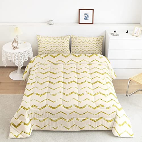 Feelyou Cream White Gold Comforter Set Twin Size for Teen Girls Boys Women, Cute Ivory Bedding Set, 2 Piece Reversible Comforter (1 Comforter + 1 Pillow Sham) Boys