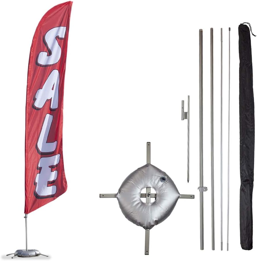 Vispronet Sale Feather Flag Kit – 13.5ft Red & White Flag with Pole Set, Ground Stake, Cross Base & Weight Bag, Pole Sleeve Bag – Sale Flag for Business – Knitted Polyester – Printed in the USA