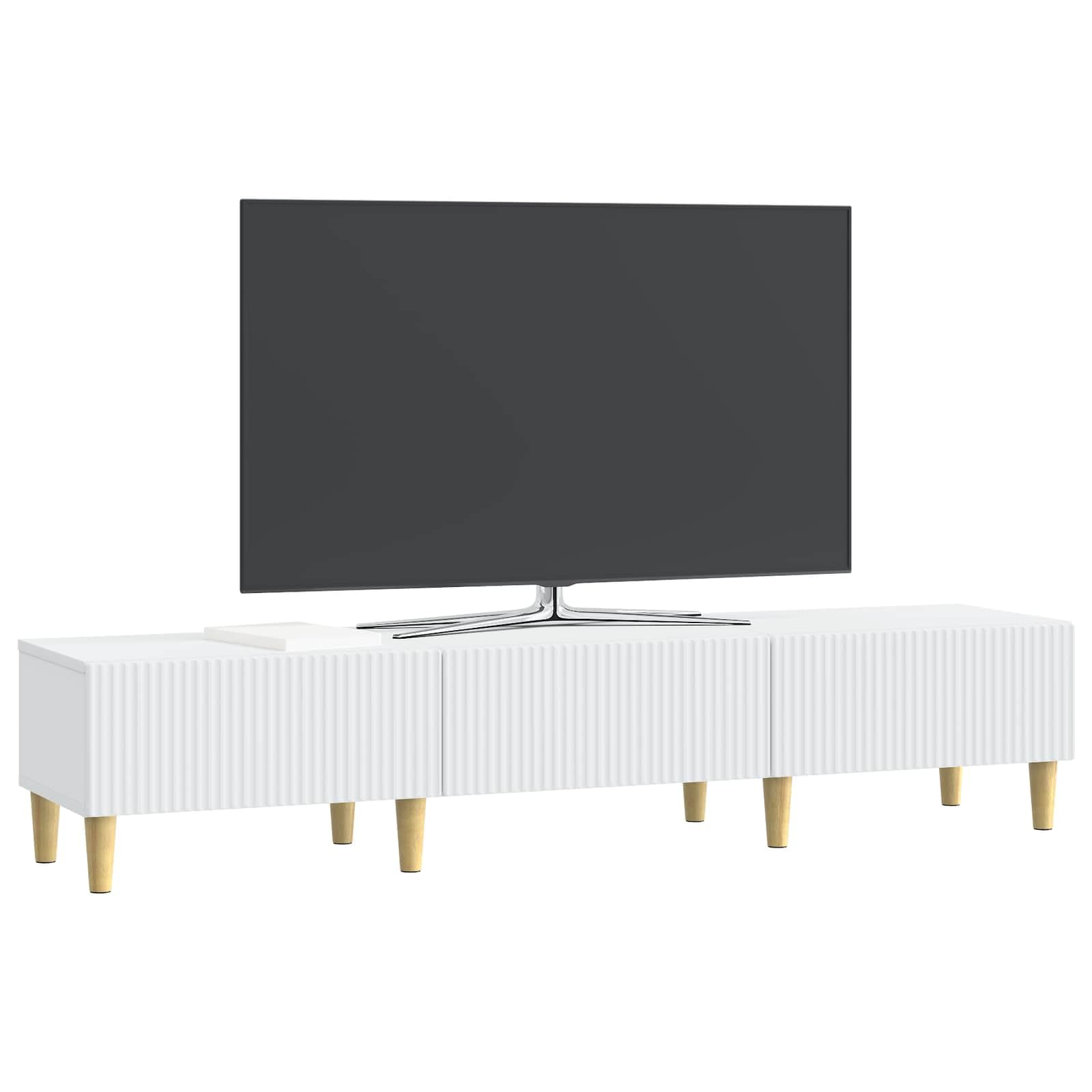 Mobile TV basso con 3 cassetti, bianco, 147 x 34,5 x 30 cm, in legno, mobile multimediale per TV, home theater, passacavi, spazio per ricevitori, altoparlanti