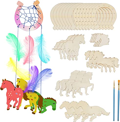 Fennoral 30 Pack Wooden Horse Craft Kit for Kids DIY Paint Dream Catcher