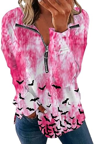 OCCOKO Sweatshirt Sudadera Mujer con Estampado de murciélago y Lengua Rosa con Abertura Lateral Moda de Halloween para Mujer Sudadera Negra Mujer Barata