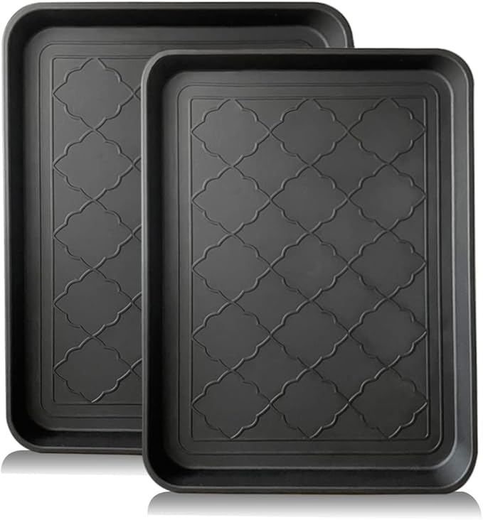 JWPET Boot Tray 2-Packs (16.7x12.8 in) - Waterproof Rubber Multi-Purpose Tray Entryway Shoe Mat for Indoor & Outdoor Pet Feeding Mat & Garden Use (Black 16.7×12.8inch)