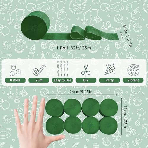 Image of 8 Rolls Crepe Paper Streamers, Hunter Green Streamers Party Decorations for Baby Shower Bridal Shower Wedding Jungle Dinosaur Themed Birthday Christmas Decorations