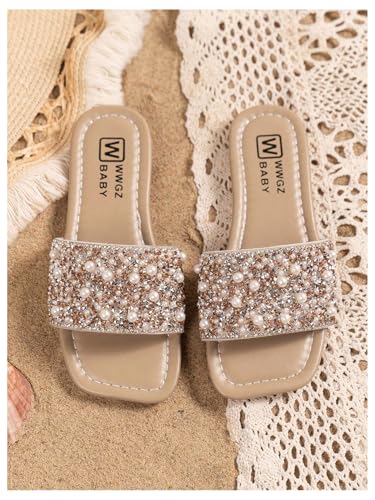 GORGLITTER Girl's Glitter Sequin Pearl Flat Sandals Kids Open Toe Dressy Slides Cute Princess Shoes2