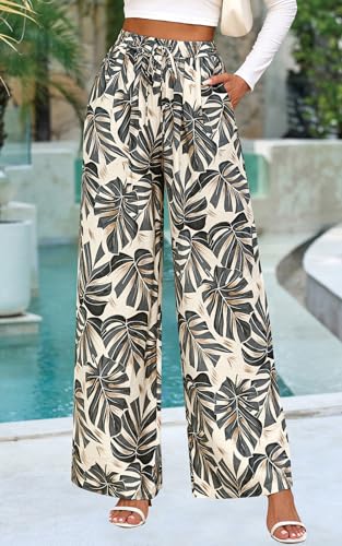 Image of PRETTYGARDEN Womens Pants Elastic Waist Floral Lightweight Palazzo Pants for Women Casual Lounge Wide Leg Pants Woman