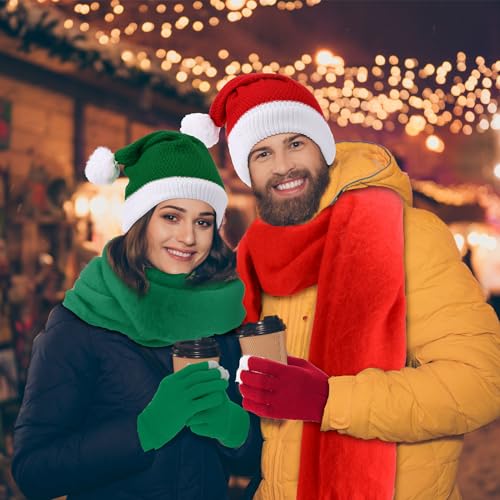 Panitay 2 Sets Christmas Beanie Hat Scarf Gloves Winter Warm Sets Include 2 Pcs Knitted Scarf 2 Pairs Touch Screen Santa Gloves 2 Pcs Hats for Women Men Xmas Party 5