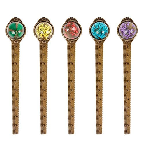 Fumanduo 5Pcs Marcadores de Libros Marcapáginas, Marcador de Libro de Metal con Flores Secas Vintage, Marcapáginas Originales con Regla, Marcapáginas Vintage Regelo Lectores y Estudiantes (5 tipos)