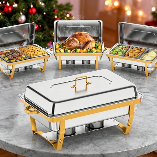 Image of 4 Pack Chafing Dishes for Buffet (Full 1/2 1/3 Size Pan), 9QT Chafing Dish Buffet Set Stainless Steel Buffet Food Warmers Sets for Catering Events Parties Dinners （Gold Silver）