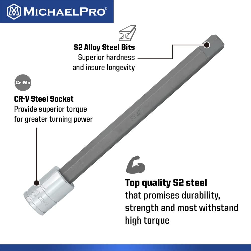 MichaelPro 18-Piece 3/8'' Drive Long Hex Bit Socket Set, SAE & Metric (1/8" - 3/8", 3-10 mm), 6-Inch Length for Deep Reach, High Torque Resistant CR-V and S2 Steel, Storage Case Included - MP012020
