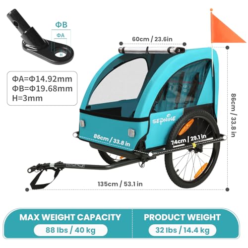 Image of Kids Bike Trailer, Suitable for 1 to 2 Children, Double Seat, Universal Coupler, Foldable, Canopy with Bug Screen and Weather Shield, with 5-Point Harness and Storage Bags