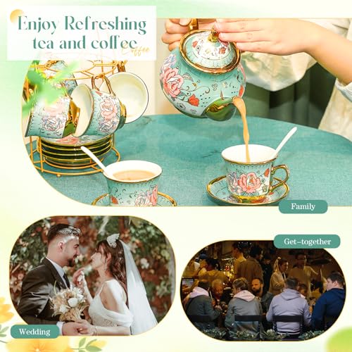 Gandeer 20 Pieces Vintage Flower Porcelain Tea Set for Adults with Metal Holder European Ceramic Tea Party Set Cup Gold Plated Saucer for Women, Serving 6 People(Modern)