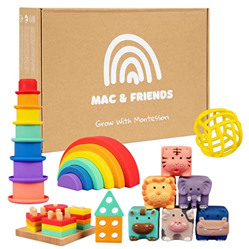 Image of Mac & Friends 5-in-1 Montessori Toy Set Designed by Parents | Great Gift for Baby Shower, New Sibling or Birthday Party | Educational Soft Sensory Toys for 0 Months to 3+ Years