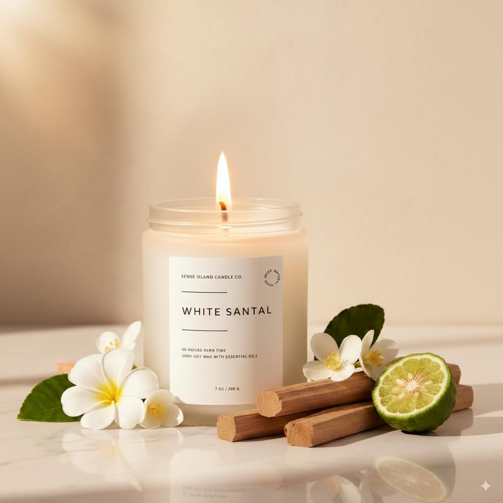 SENSE ISLAND White Santal Scented Candle for Home Scented 50+ Hrs Highly Scented | 100% Natural Soy Candle Gifts for Women Highly Scented House Warming Gifts