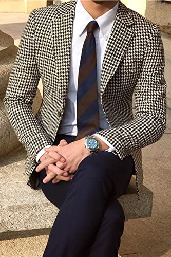 Ulnomio Men's Houndstooth Blazer Two Buttons Notch Lapel Jacket Wedding Office Suit Coat3