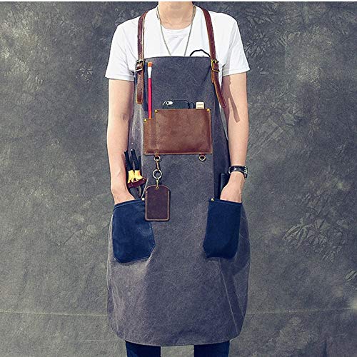 delantal Azul gris lienzo delantal de algodón correa de cuero peluquero florista jardinero pintor trabajo desgaste barman camareros uniforme