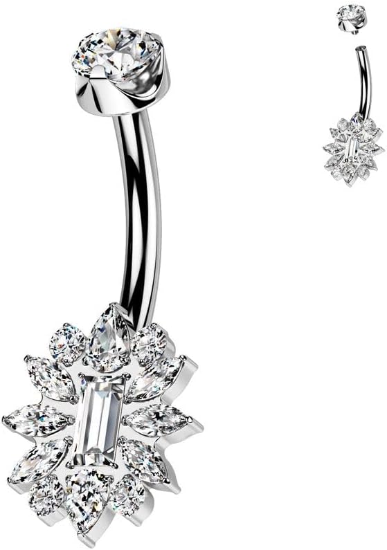 Implant Grade Titanium Internally Threaded CZ Cluster Flower With Round CZ Prong Set Top Belly Button Ring