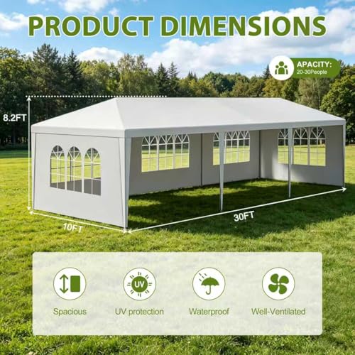 Image of 10' x 30' White Canopy Tent with 5 Removable Sidewalls, Outdoor Patio Gazebo with Transparent Windows, Shade Shelter Tents Ideal for Birthdays, Events, Parties, Weddings, Gatherings, BBQ
