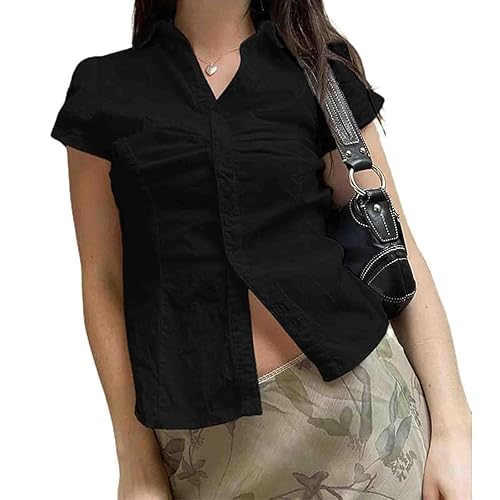 Women Y2k Button Up Shirts Cap Sleeve Lapel Collar Preppy Shirt Slim Fit Summer Coquette Tops - Black - Small
